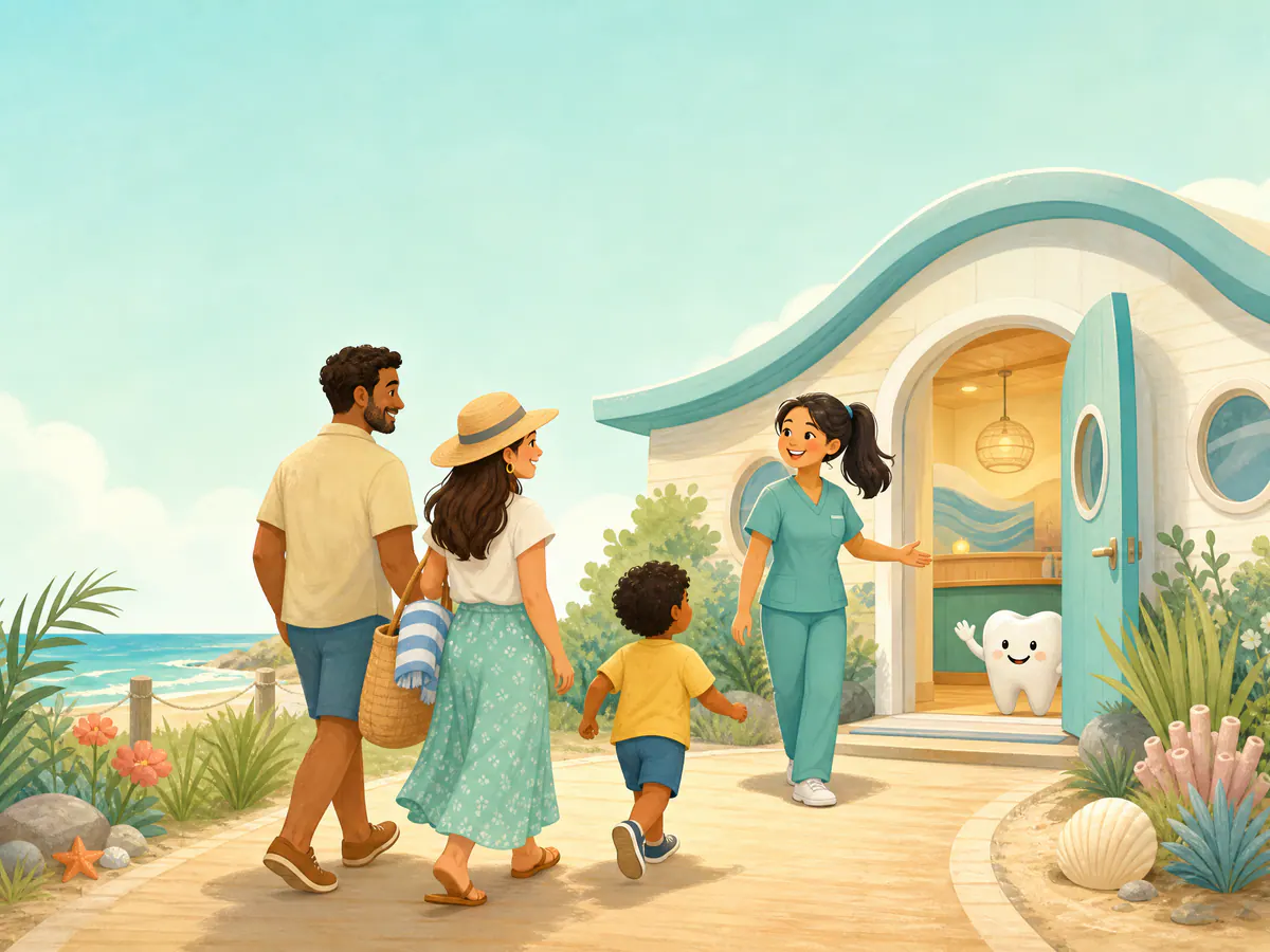 A family and dental assistant arriving at a welcoming pediatric dental office.