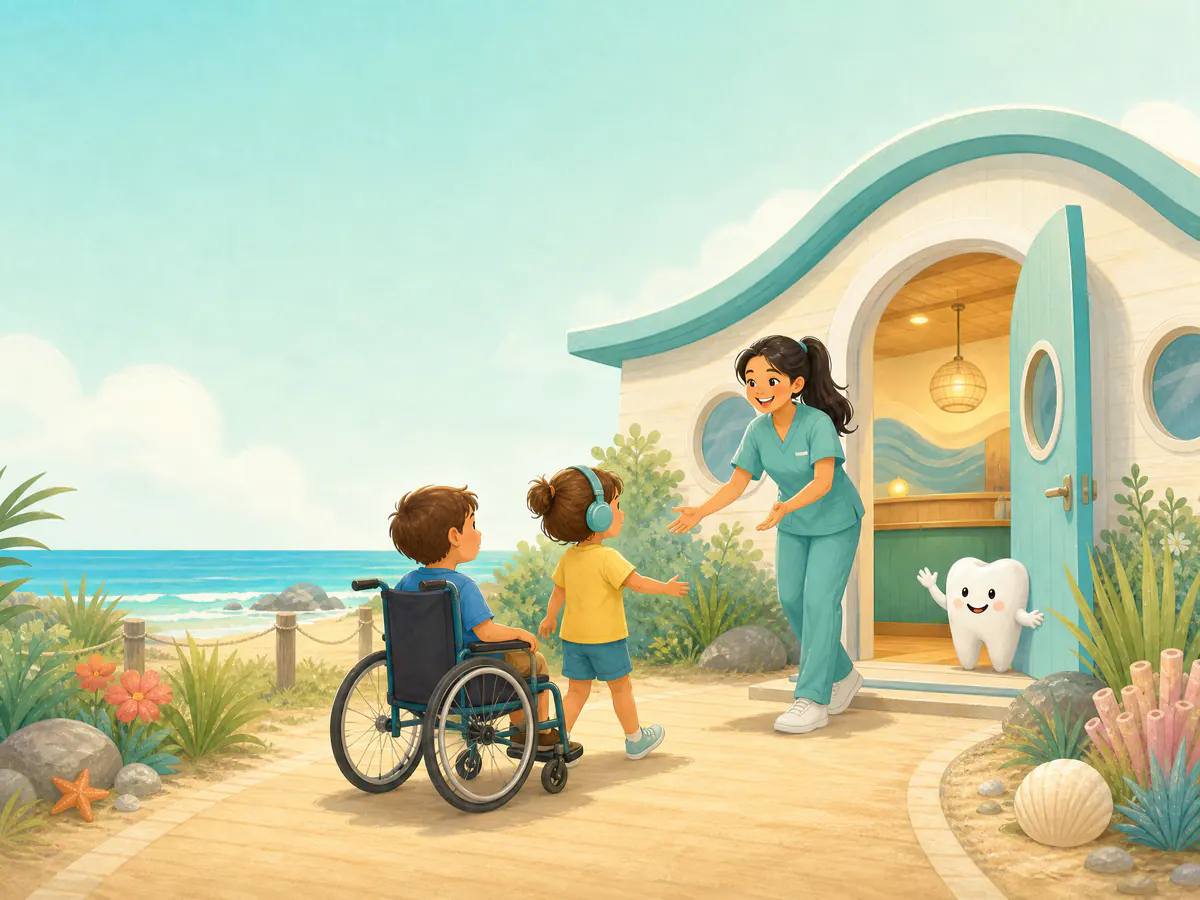 Children and a dental team member greeting each other at an inclusive pediatric dental office entrance.