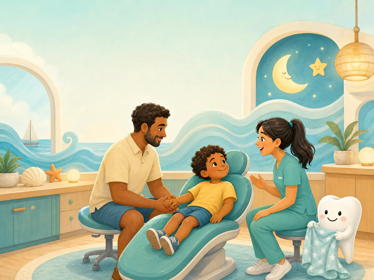 A child receiving calm support from a parent and pediatric dental team member.