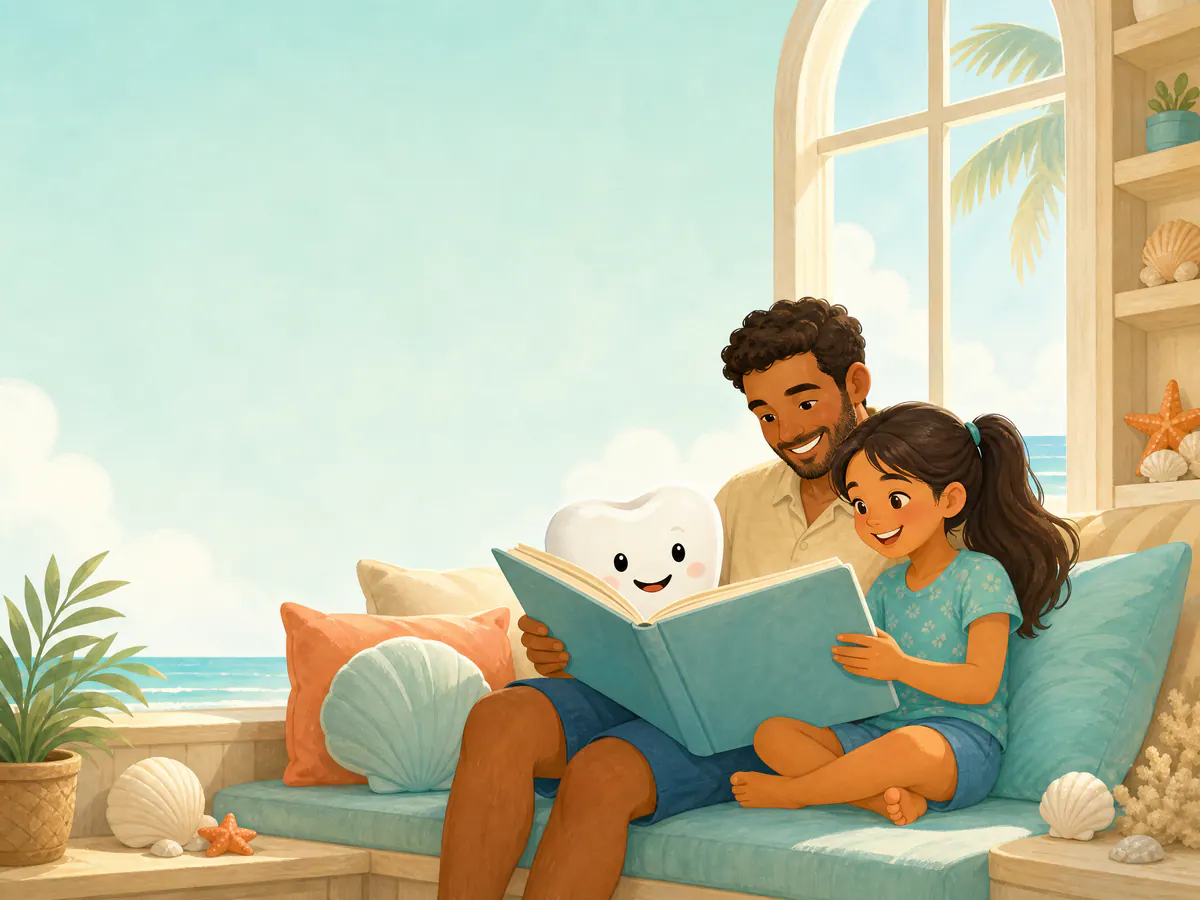 A parent and child reading a dental-health picture book together.