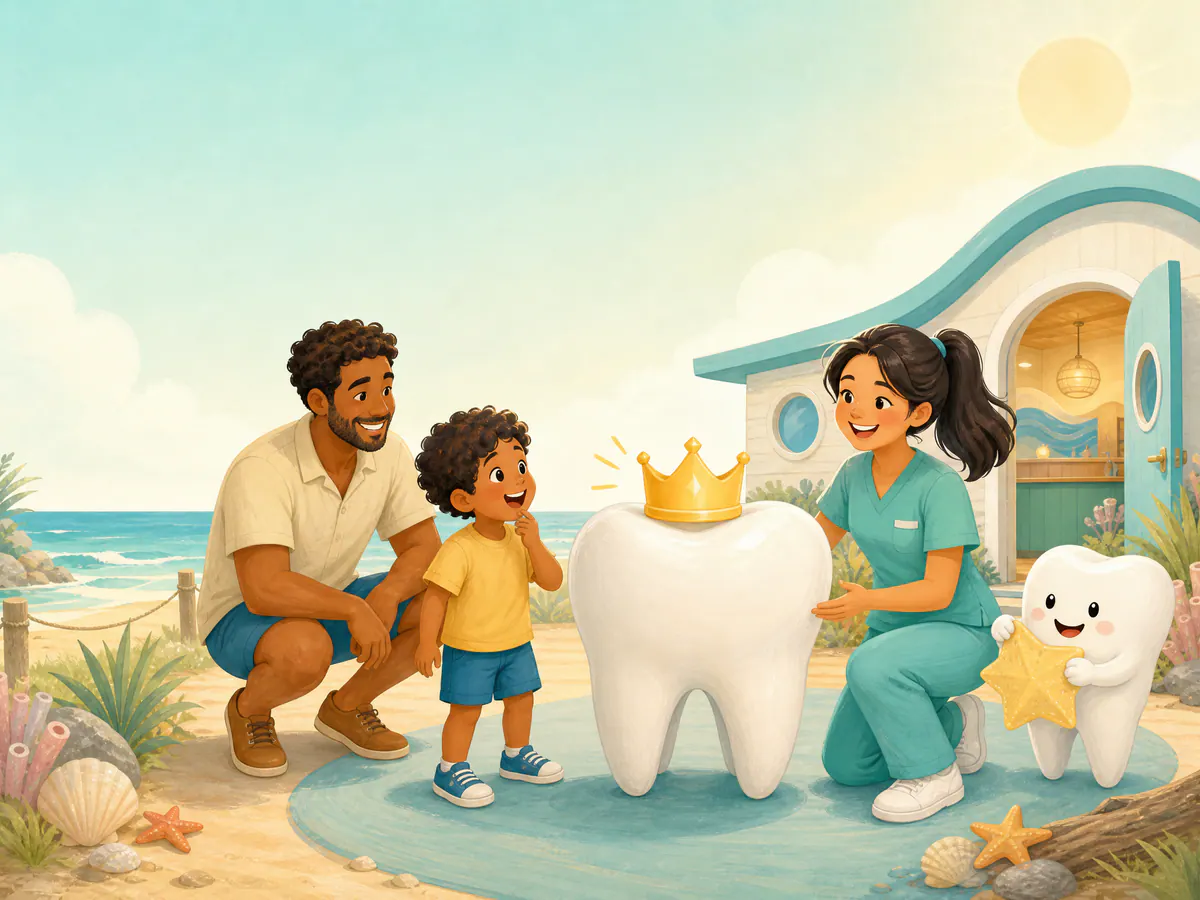 A child and pediatric dentist learning about a protective dental crown.