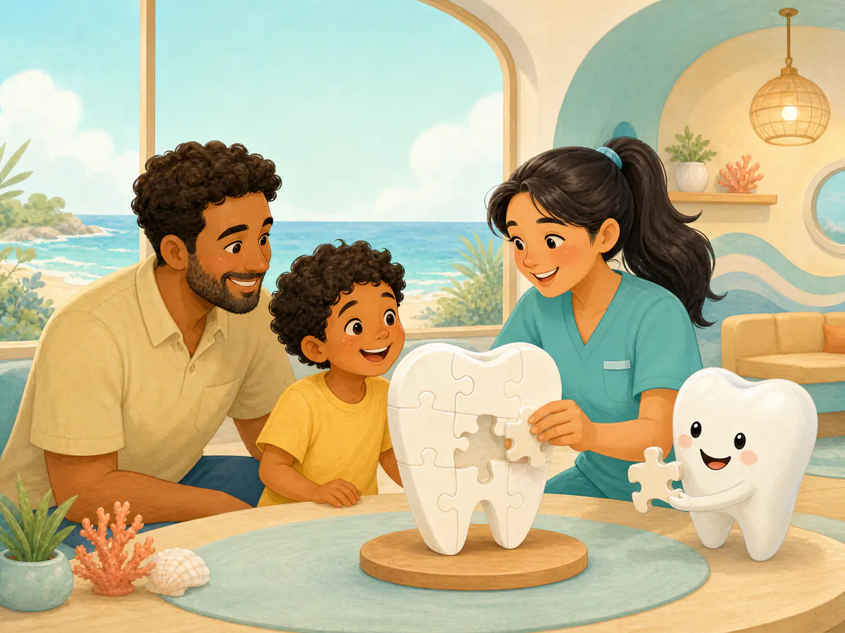 A child and pediatric dentist using a tooth puzzle to explain a dental filling.