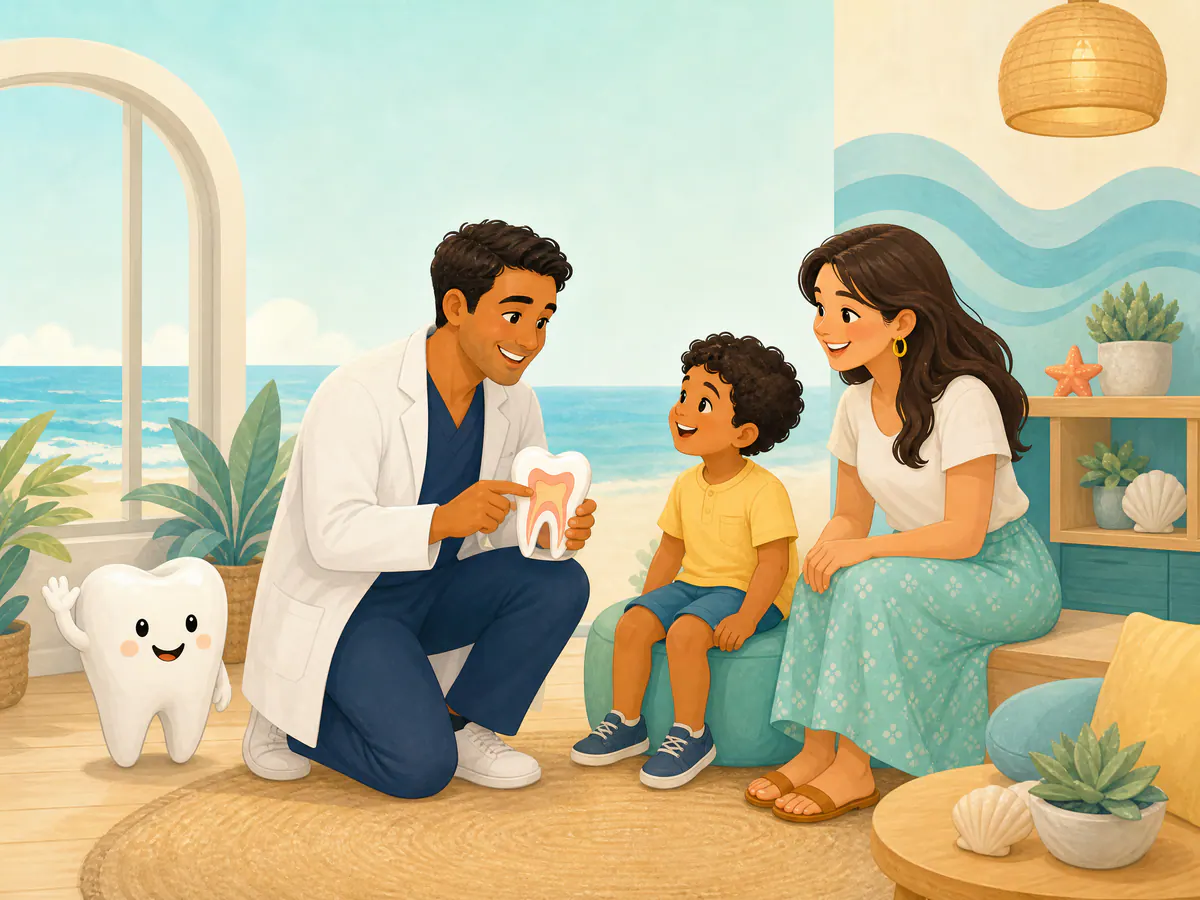 A friendly pediatric dentist showing a tooth model to a child.