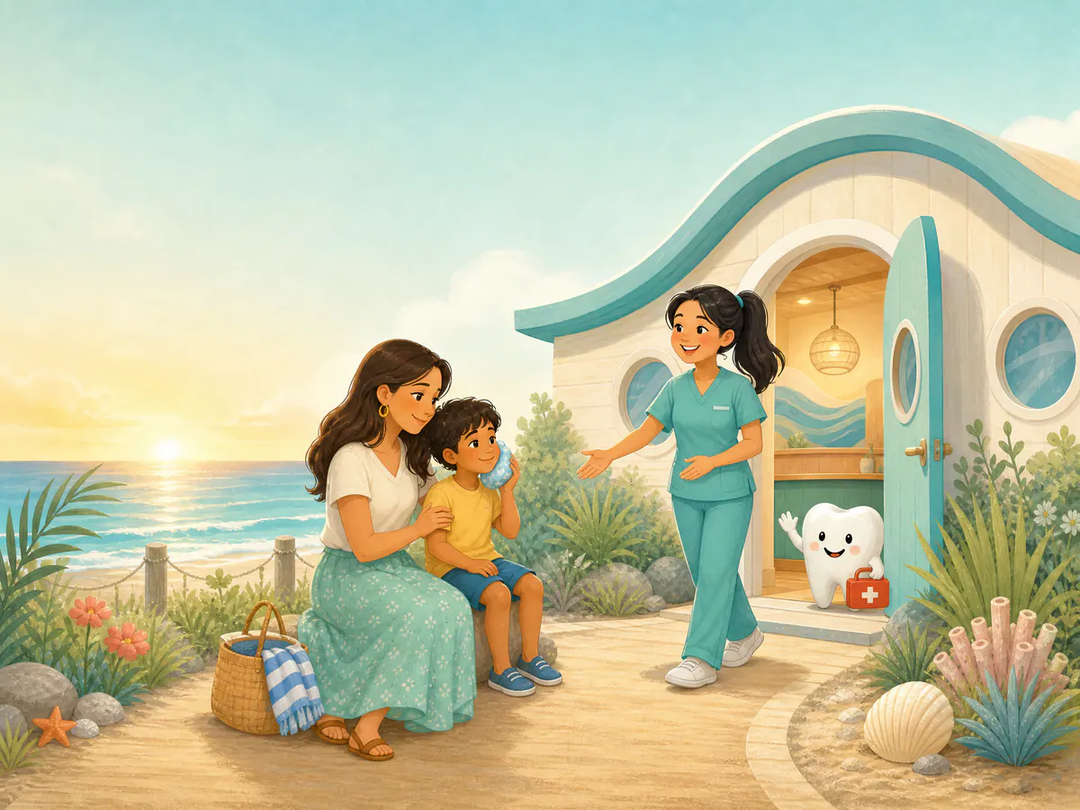 A parent comforting a child while a pediatric dental professional offers reassurance.