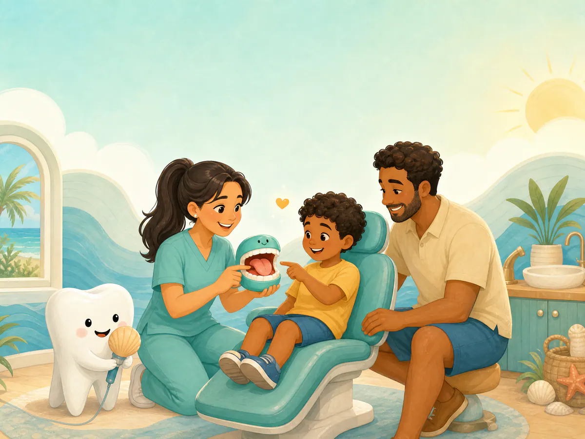 A pediatric dentist explaining frenectomy care to a child and parent.