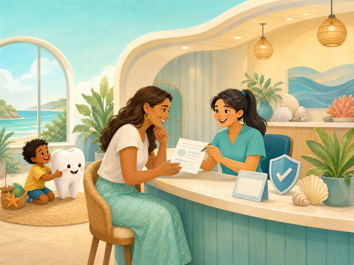 A parent and office coordinator reviewing dental benefits paperwork while a child plays nearby.
