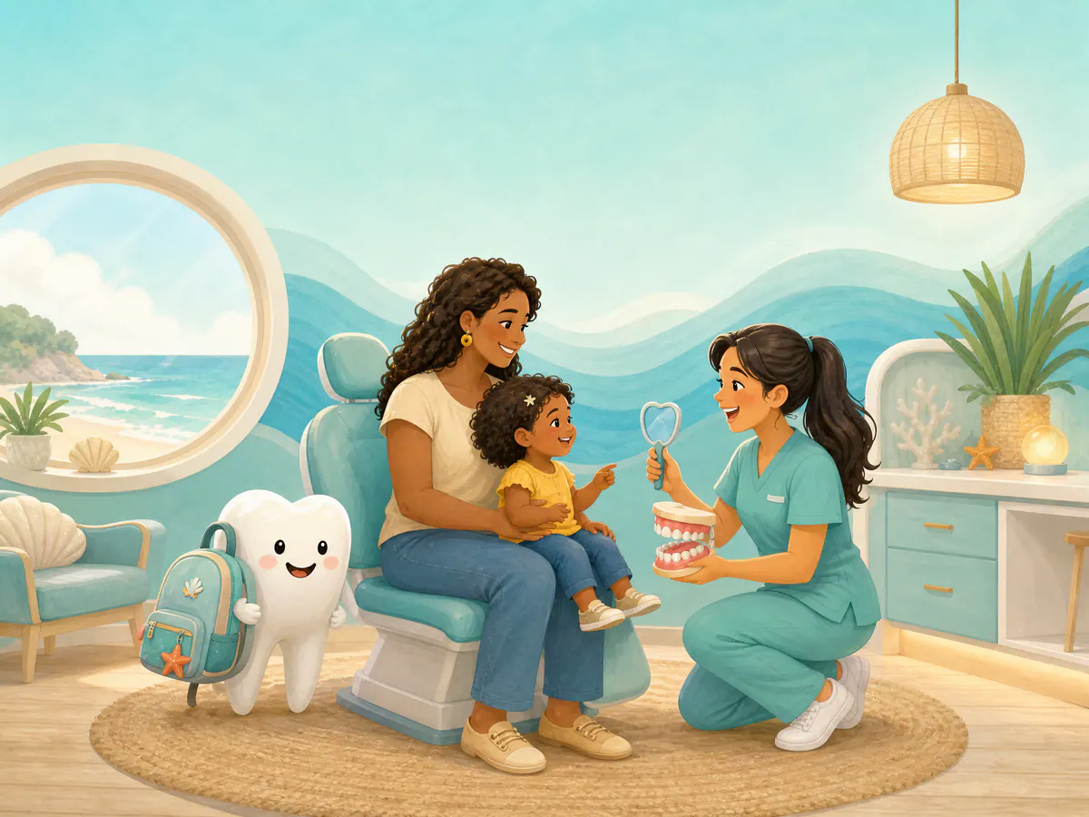 A child and parent having a warm first-visit introduction with a pediatric dental assistant.