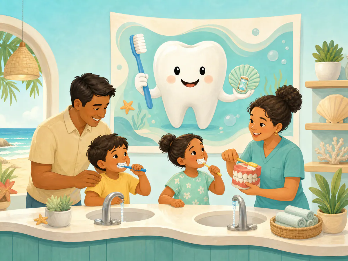 Children learning a playful toothbrushing routine with a dental professional.