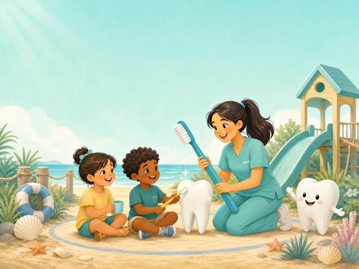 Children learning healthy-smile routines with a pediatric dental professional.