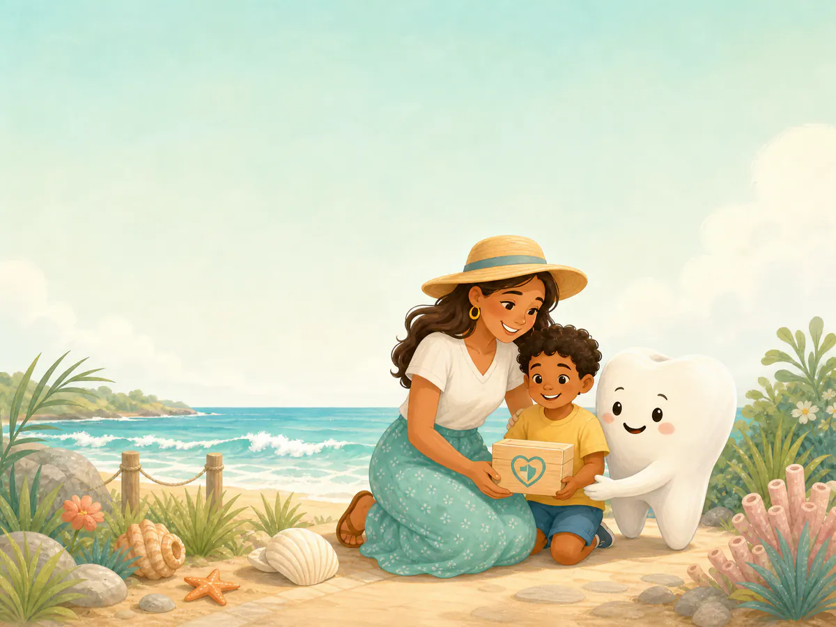 A parent and child with a tooth mascot protecting a keepsake box.