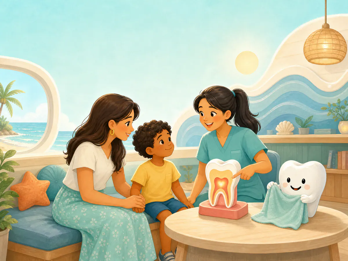 A pediatric dentist reassuring a child while explaining pulp therapy with a tooth model.