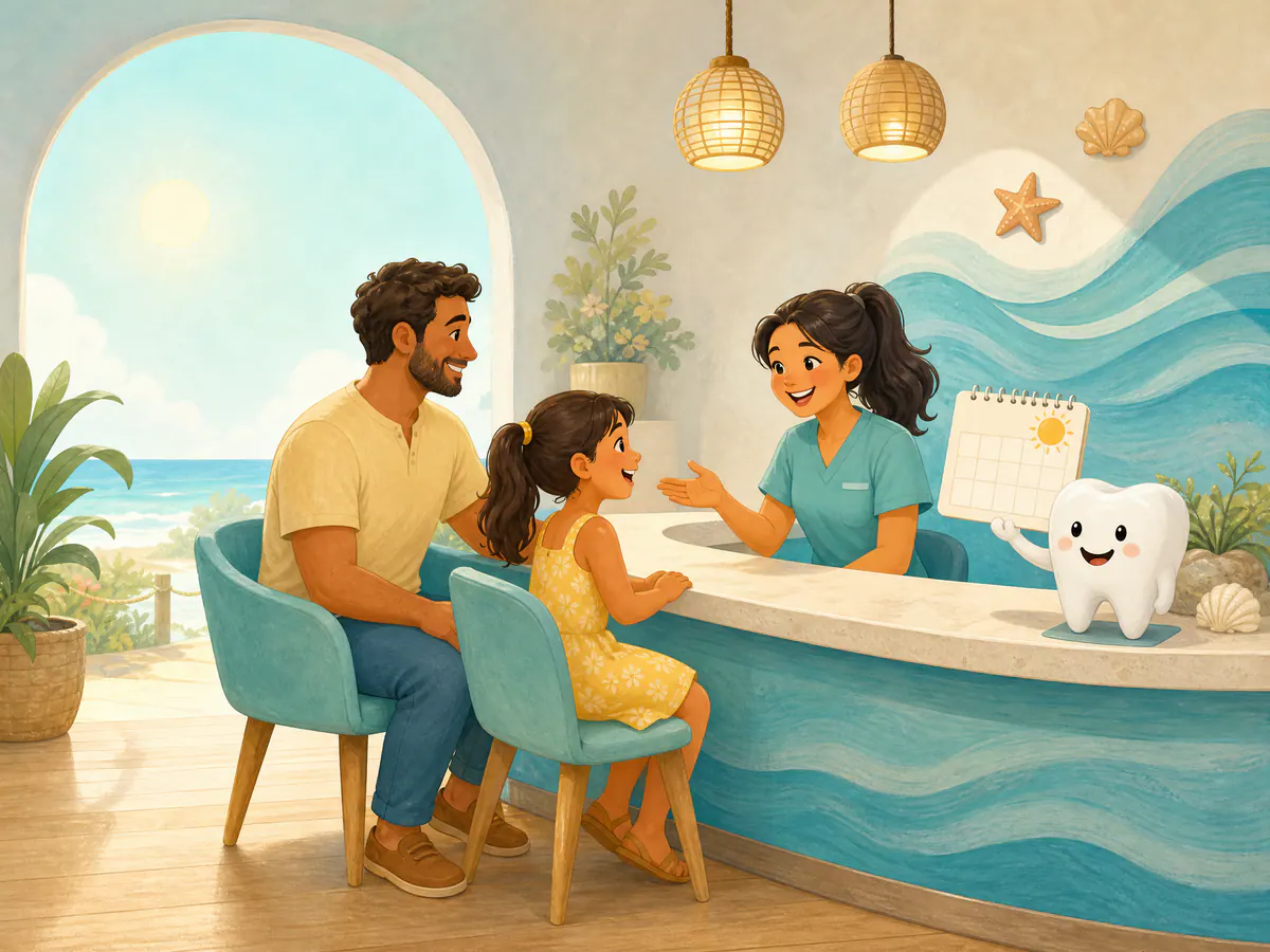 A parent and child arranging a dental visit with a friendly office staff member.