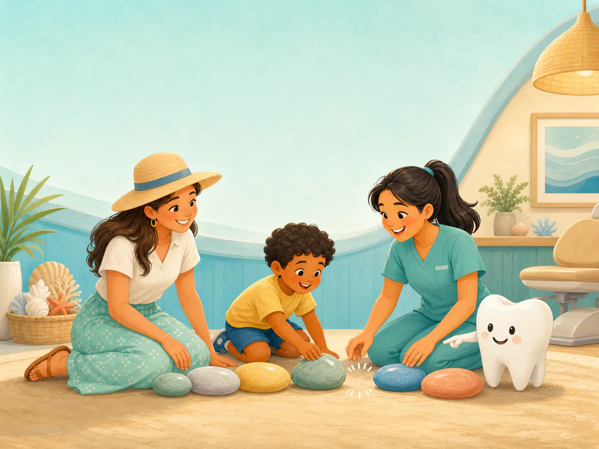 A child and pediatric dentist using beach stones to explain a space maintainer.