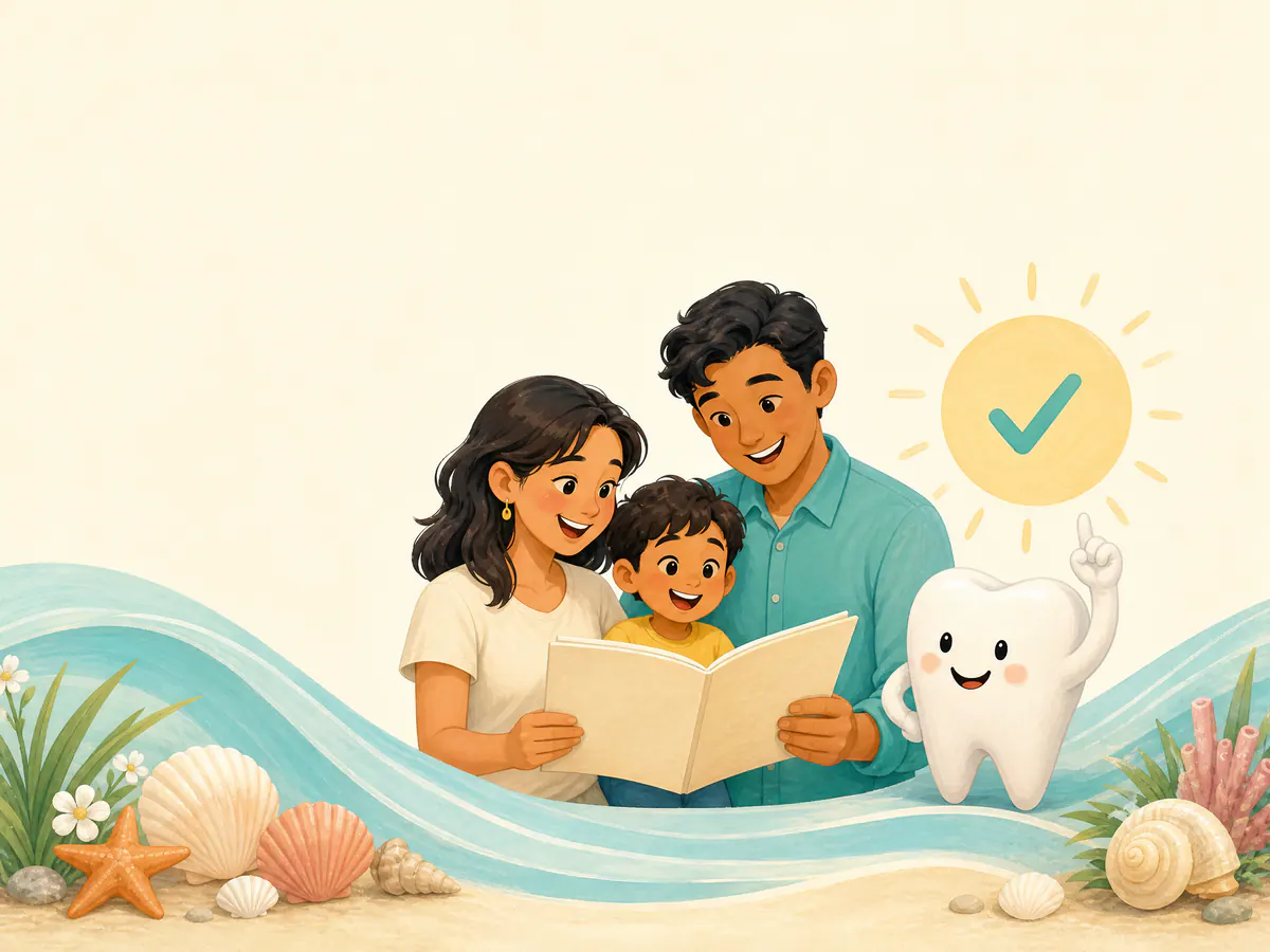 A parent and child reviewing a simple booklet with a friendly tooth mascot.