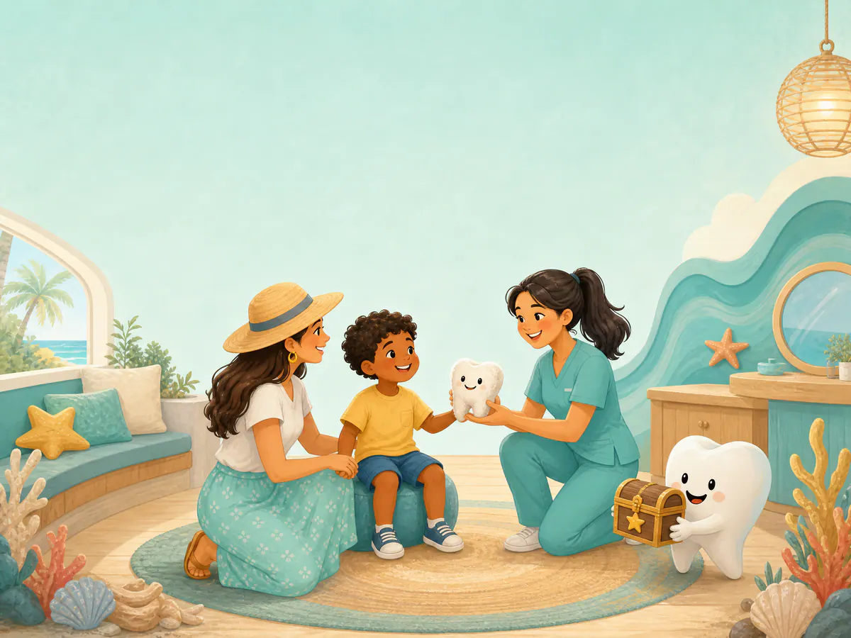 A child and parent receiving calm reassurance from a pediatric dentist.